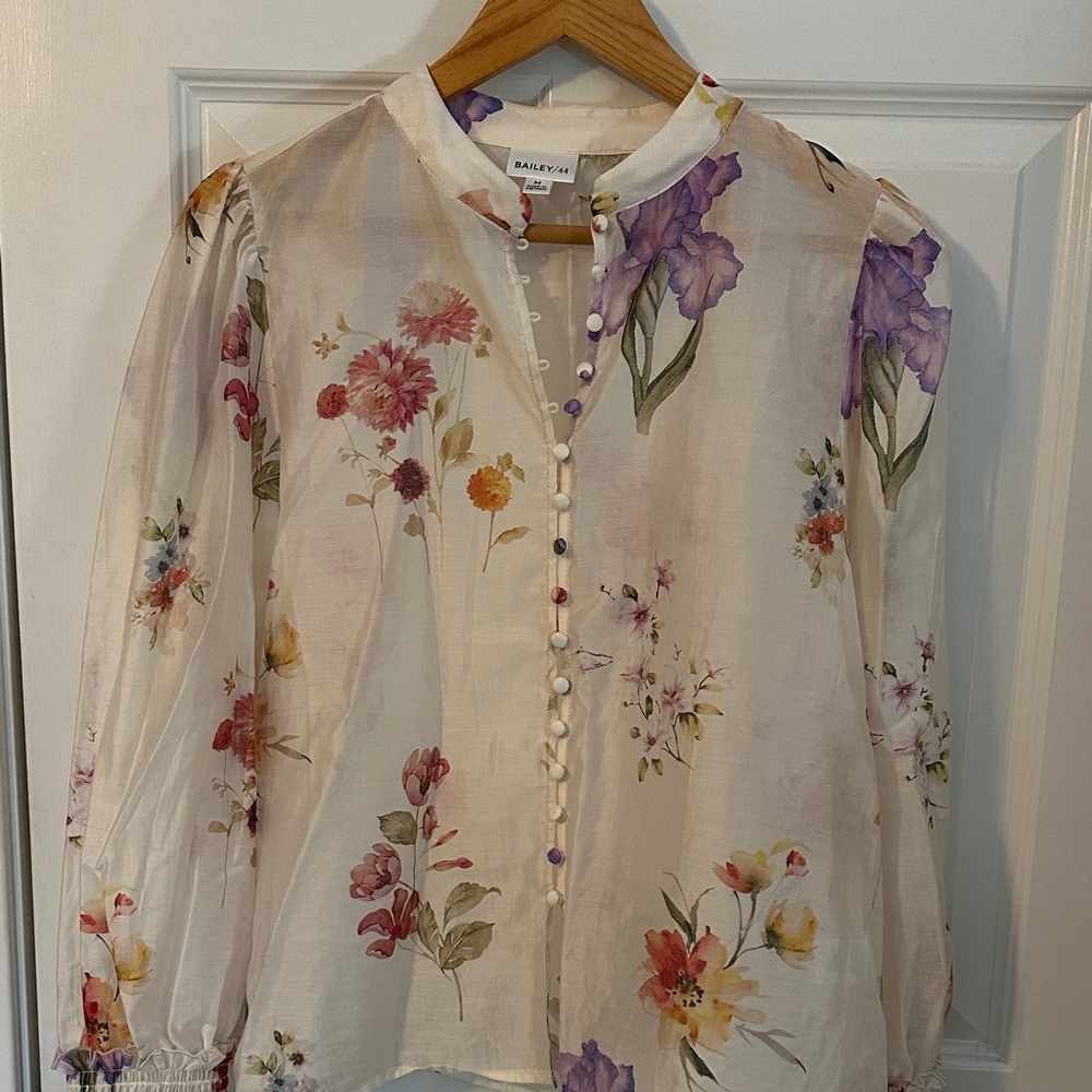 Bailey 44 Floral Ivory Sheer Button-Front Blouse with Purple and Pink Flowers